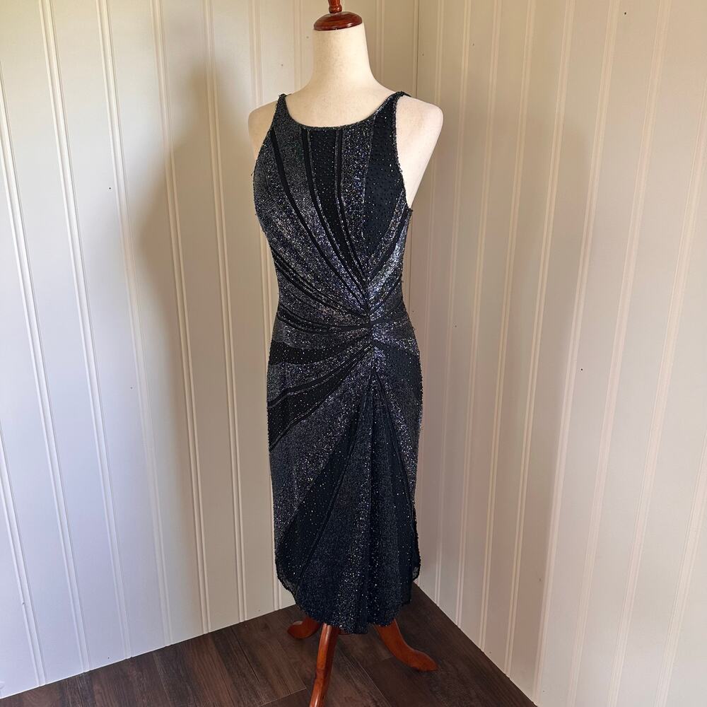 Vintage 90s/Y2K Black Silk Beaded Midi Dress M - Picture 4 of 9